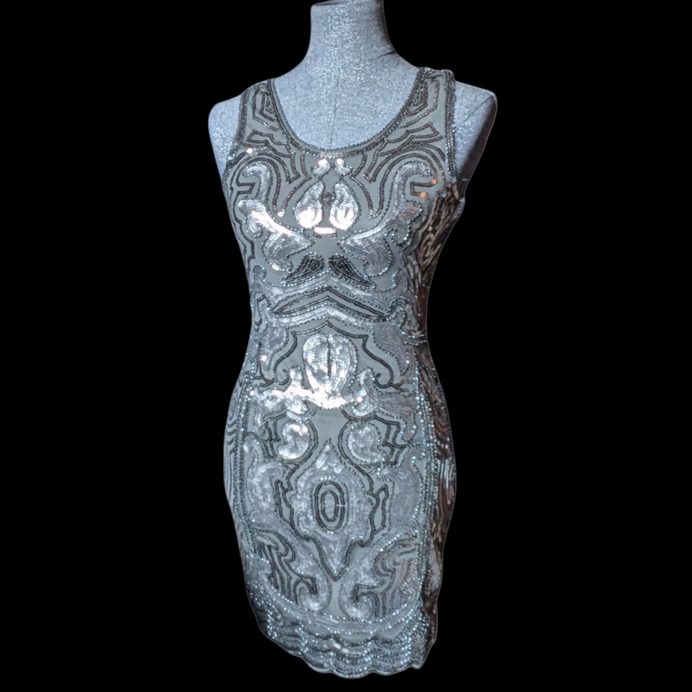 Silver Sequin Embellished Cocktail Dress